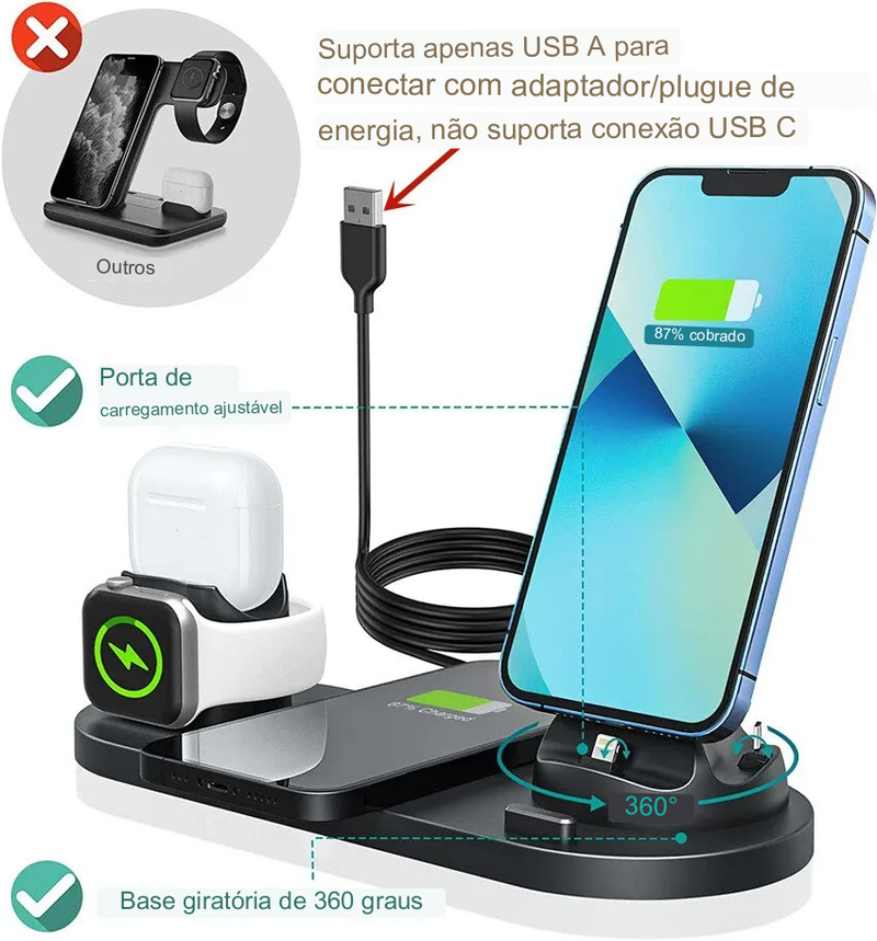 Base de Carregamento 4 em 1 por indução para IPhones, AirPods, Apple Watch